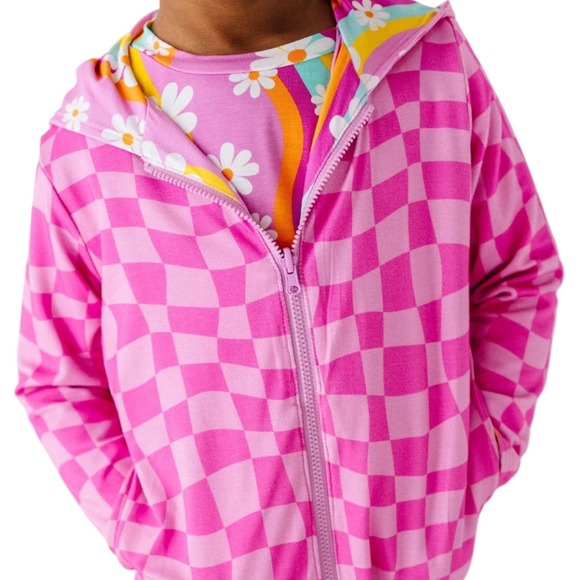 Bums & Roses Reversible Hoodie Jacket Girls 7/8 Pink Checkered Floral - Picture 5 of 10